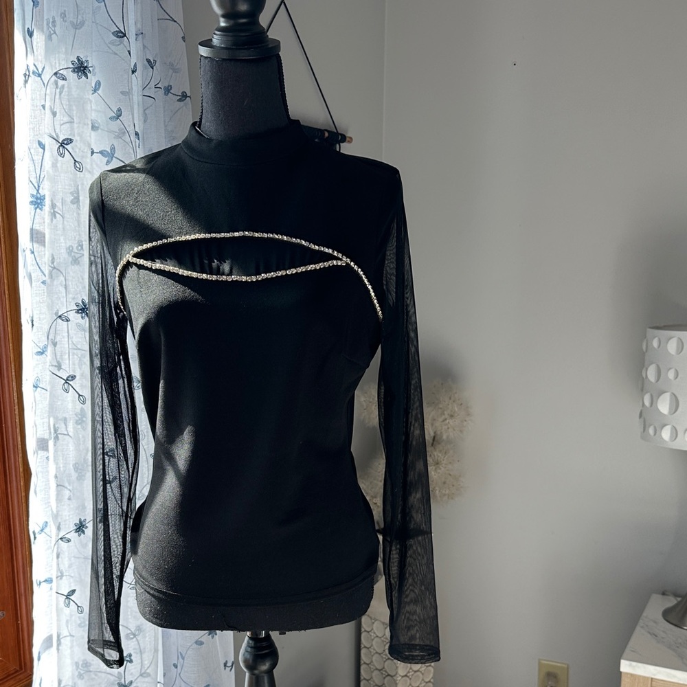 Chic Black Sheer Sleeve Blouse with Beaded Detail